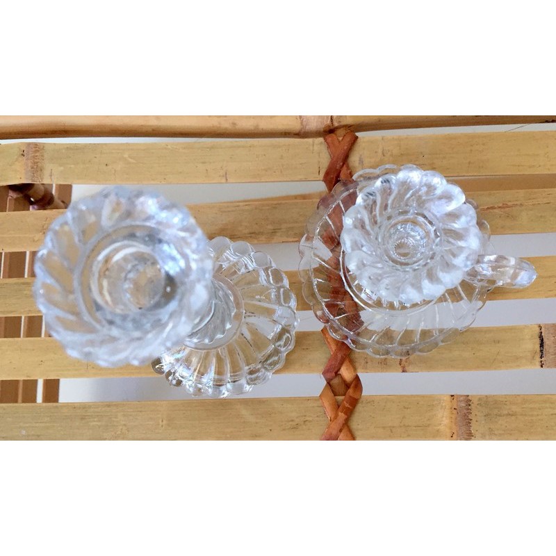 Lot De 3 Bougeoirs Anciens En Cristal Sculpté - Déco Vintage Verre