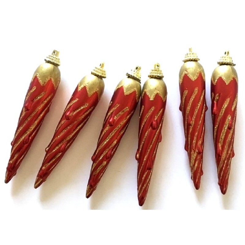 6 Boules de Noël stalactite vintage rouge et doré