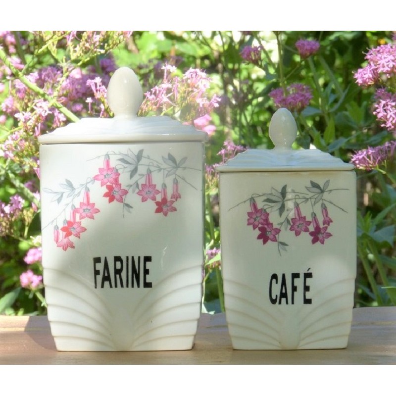 2 anciens pots à épices Farine, Café en faïence fleurie avec couvercles