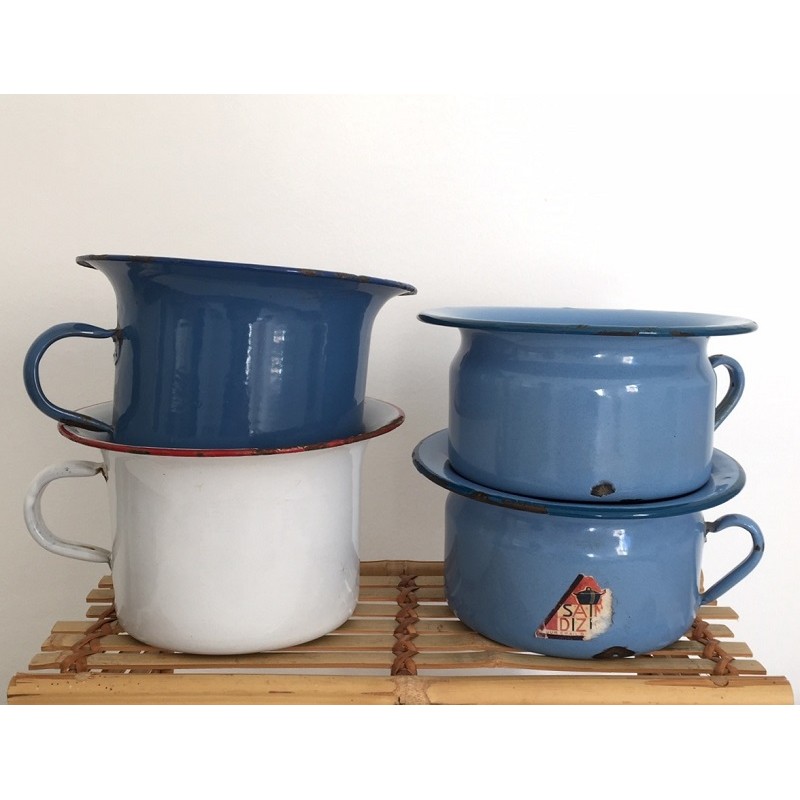 4 pots émail bleu et blanc, Pots de chambre anciens, Cache pots deco