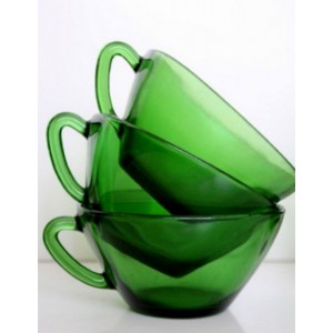 6 tasses et sous tasses en verre vert à fleurs Vereco