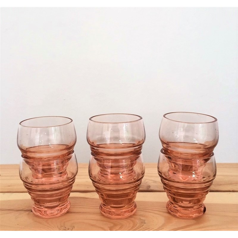 6 verres à liqueur Art déco en verre transparent taillés coloris rose