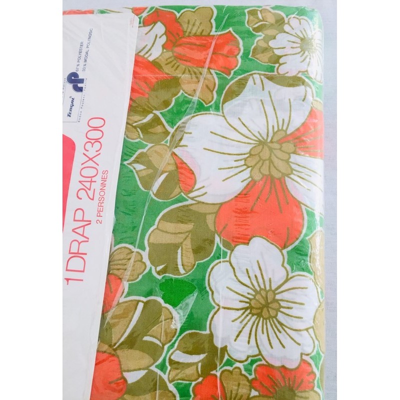 Drap vintage 2 personnes fleuri vert, orange, blanc, Neuf sous blister