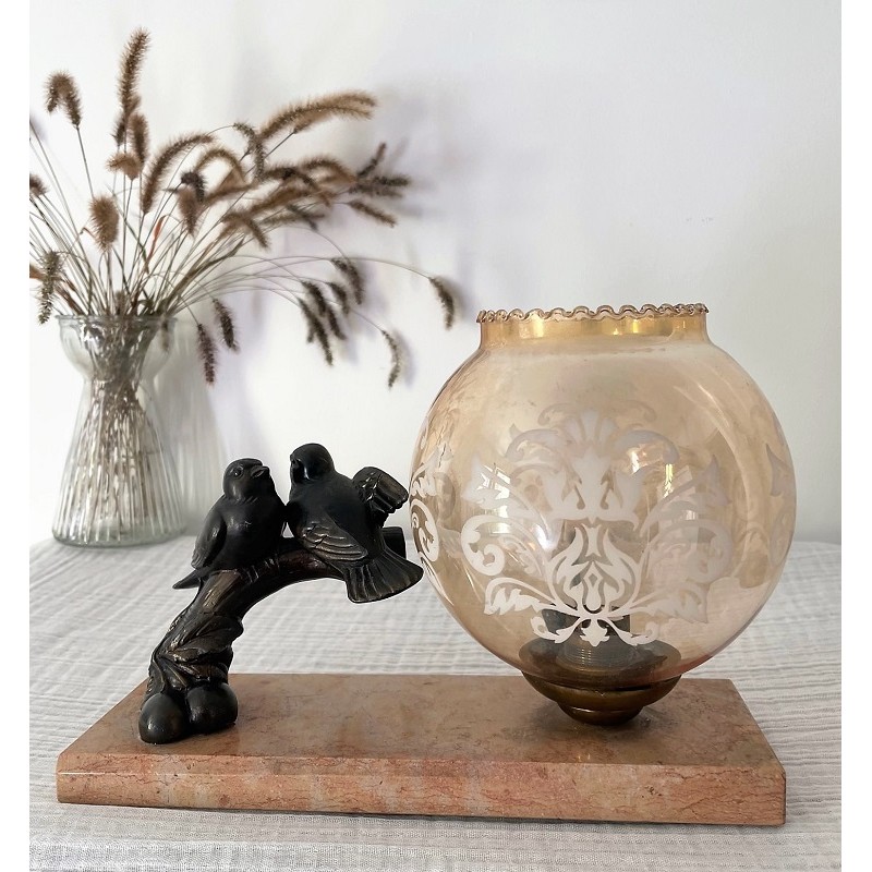 Lampe Art Déco veilleuse Régule oineaux Balles sur marbre avec globe