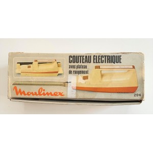 Couteau électrique Moulinex vintage 70 orange avec plateau de rangement