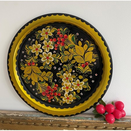 Plat,Plateau métal peint, made in USSR Russie URSS, Jostovo? Décor fleurs