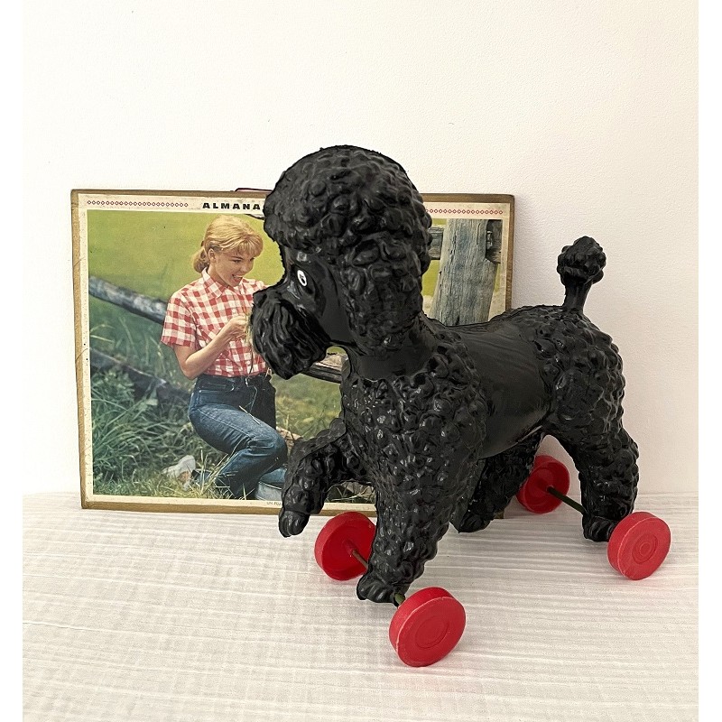 Jouet Vintage – Caniche Noir à Roulettes – France – Années 50/60