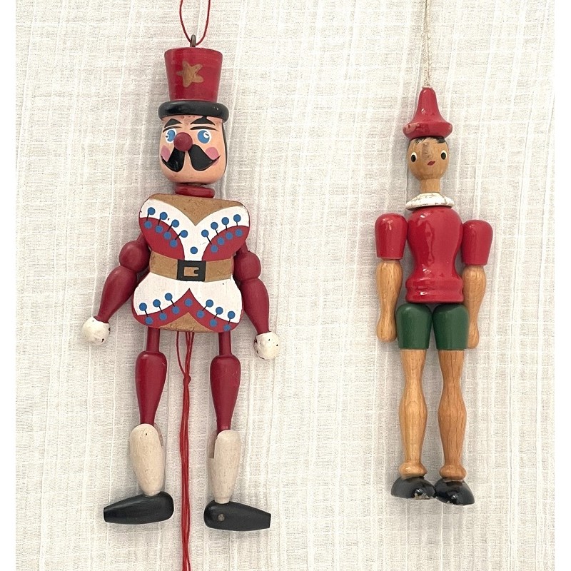 2 anciens pantins, figurines articulées Soldat et Pinocchio en bois