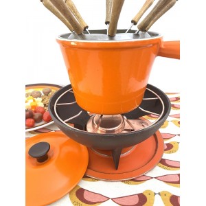 Service à fondue Le Creuset seventies Complet en fonte émaillée orange