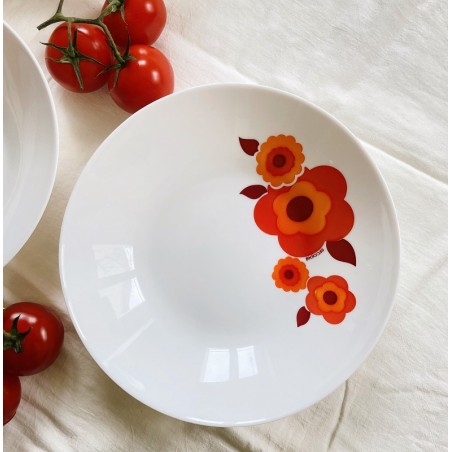 Lot De 6 Assiettes Creuses Arcopal Vintage - Motif Fleurs Orange Lotus - Déco Pop 70's