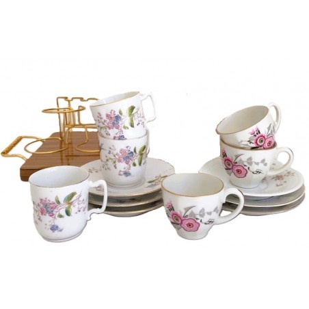Lot De 6 Tasses Et 8 Soucoupes Porcelaine Mintons - Blanc Et Or - Occasion